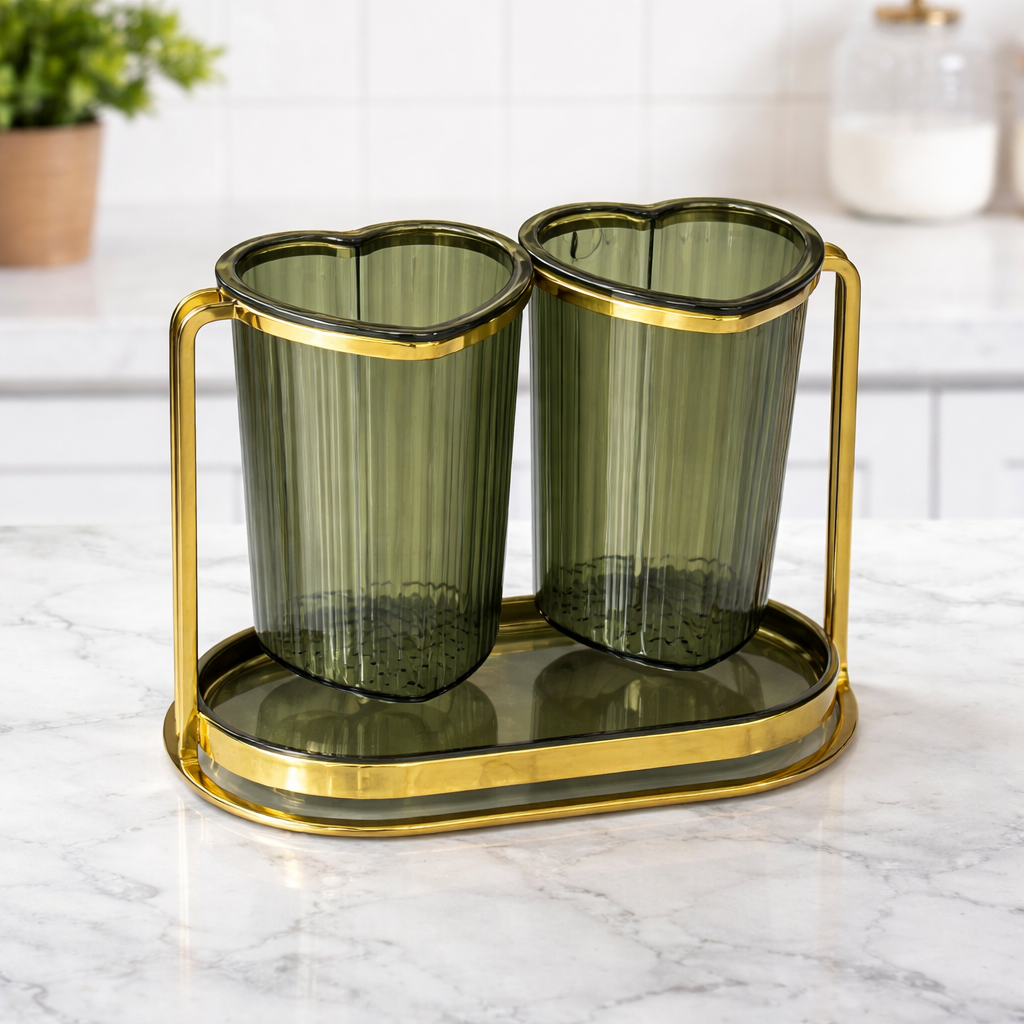 Spoon Stand – Dual Cup Cutlery Holder with Gold Frame